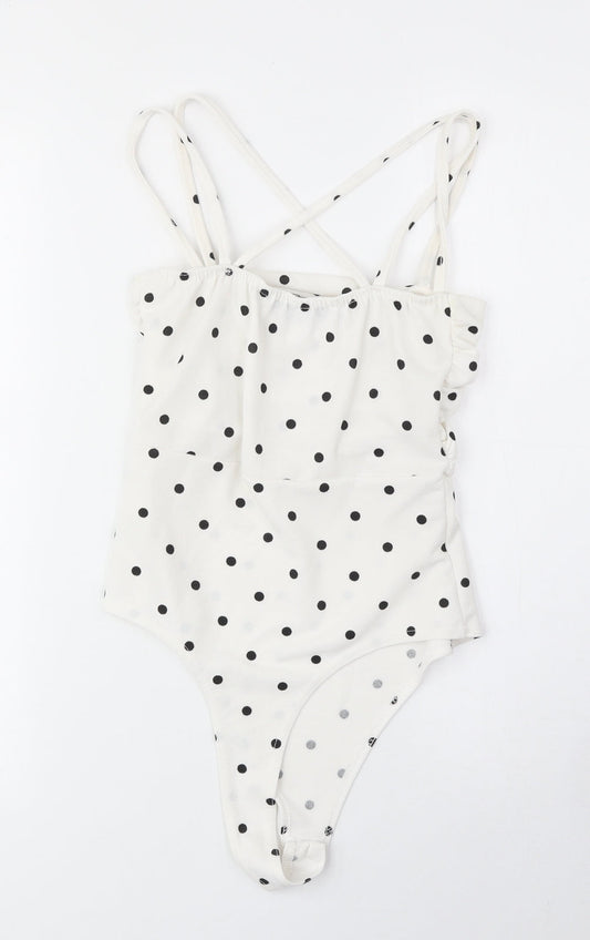 PRETTYLITTLETHING Womens White Polka Dot Polyester Playsuit One-Piece Size 8 Snap