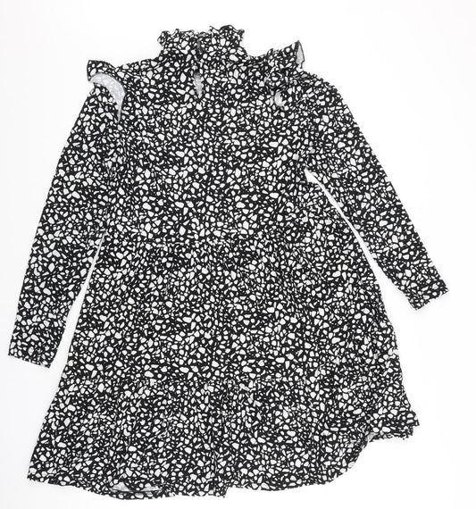 Preworn Womens Black Geometric Polyester A-Line Size 10 Mock Neck Button
