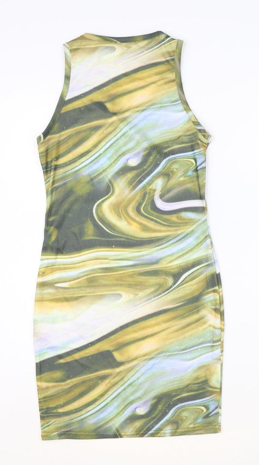 PRETTYLITTLETHING Womens Multicoloured Geometric Polyester Bodycon Size 8 Round Neck