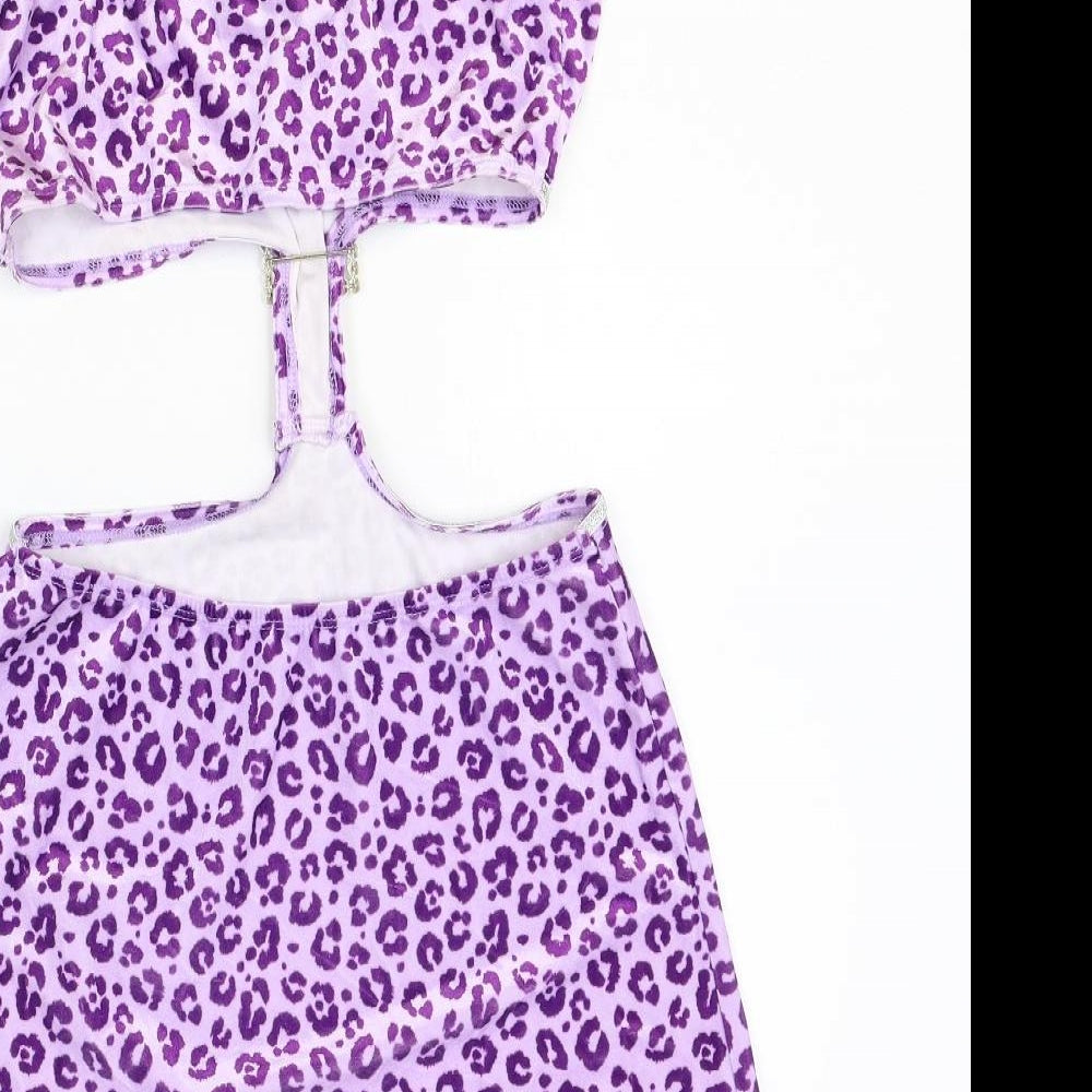 SheIn Womens Purple Animal Print Polyester Mini Size S Square Neck Pullover - Leopard Print
