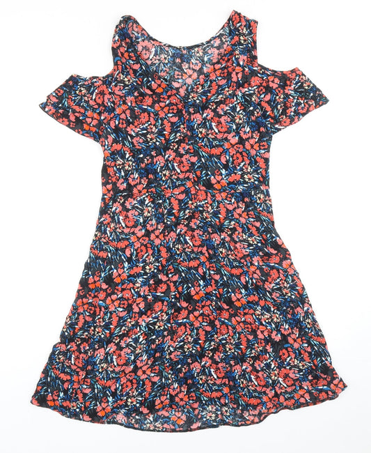 F&F Womens Multicoloured Floral Viscose A-Line Size 10 Roll Neck Zip - Cold Shoulder