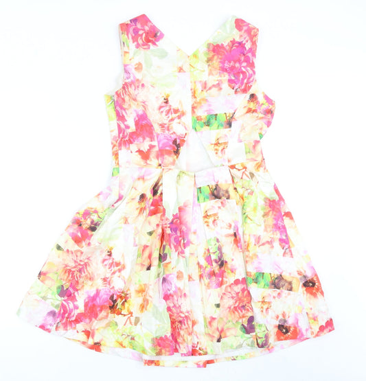 Warehouse Womens Multicoloured Floral Cotton Fit & Flare Size 12 V-Neck Zip