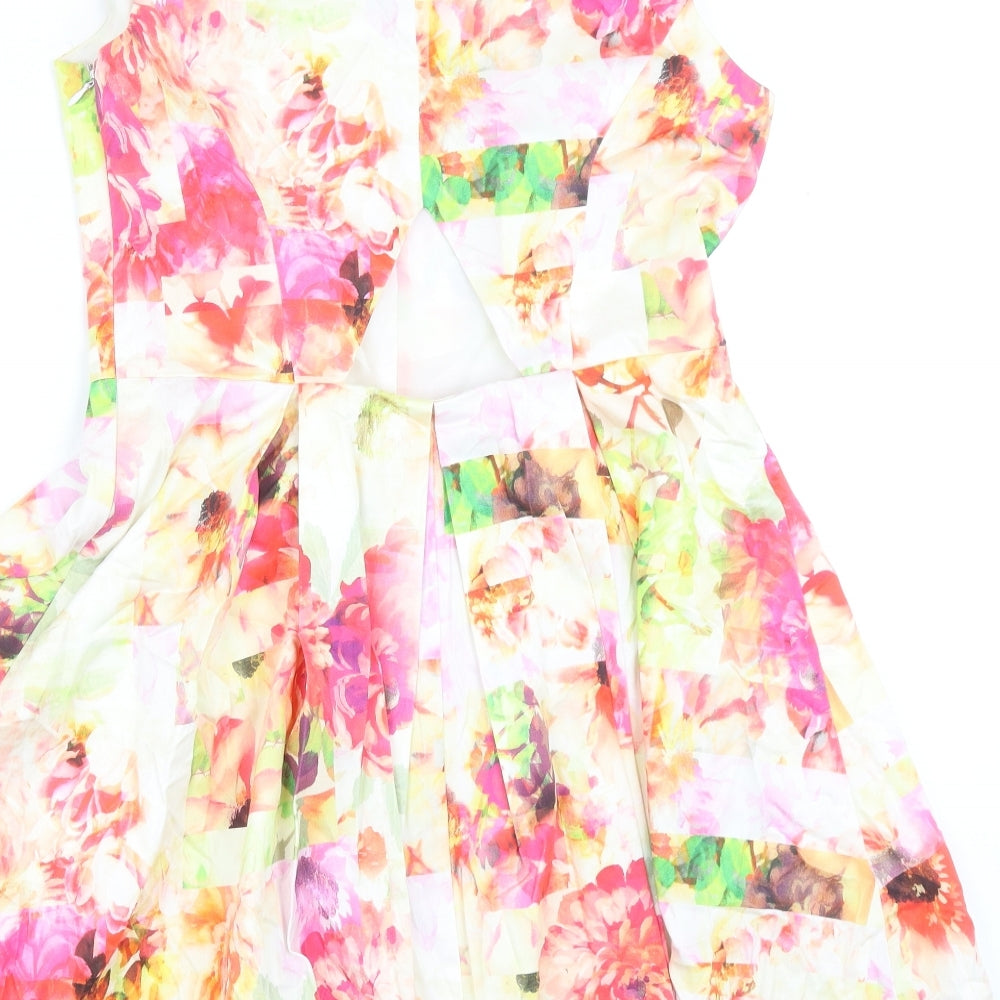 Warehouse Womens Multicoloured Floral Cotton Fit & Flare Size 12 V-Neck Zip