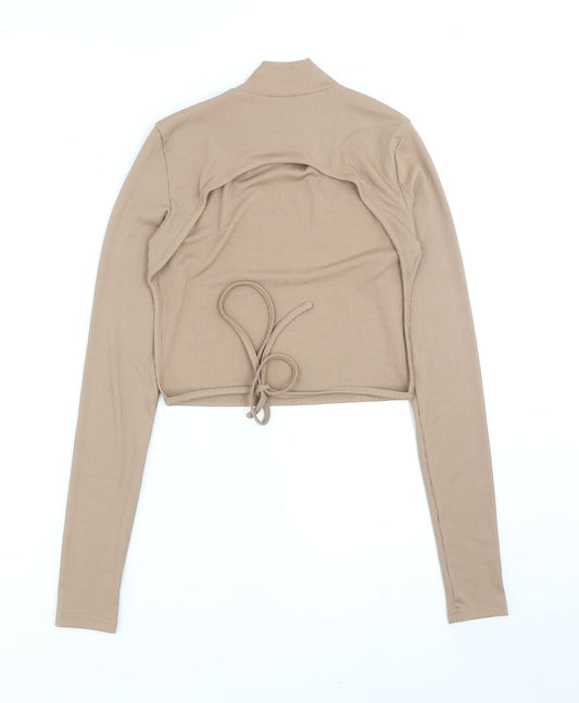 SheIn Womens Brown Polyester Basic T-Shirt Size S High Neck - Ribbed