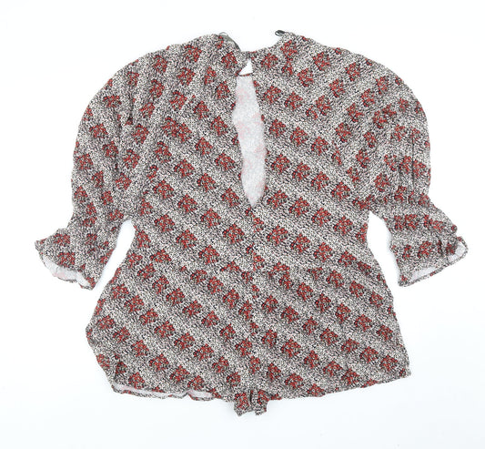 Zara Womens Red Geometric Viscose Playsuit One-Piece Size L Button