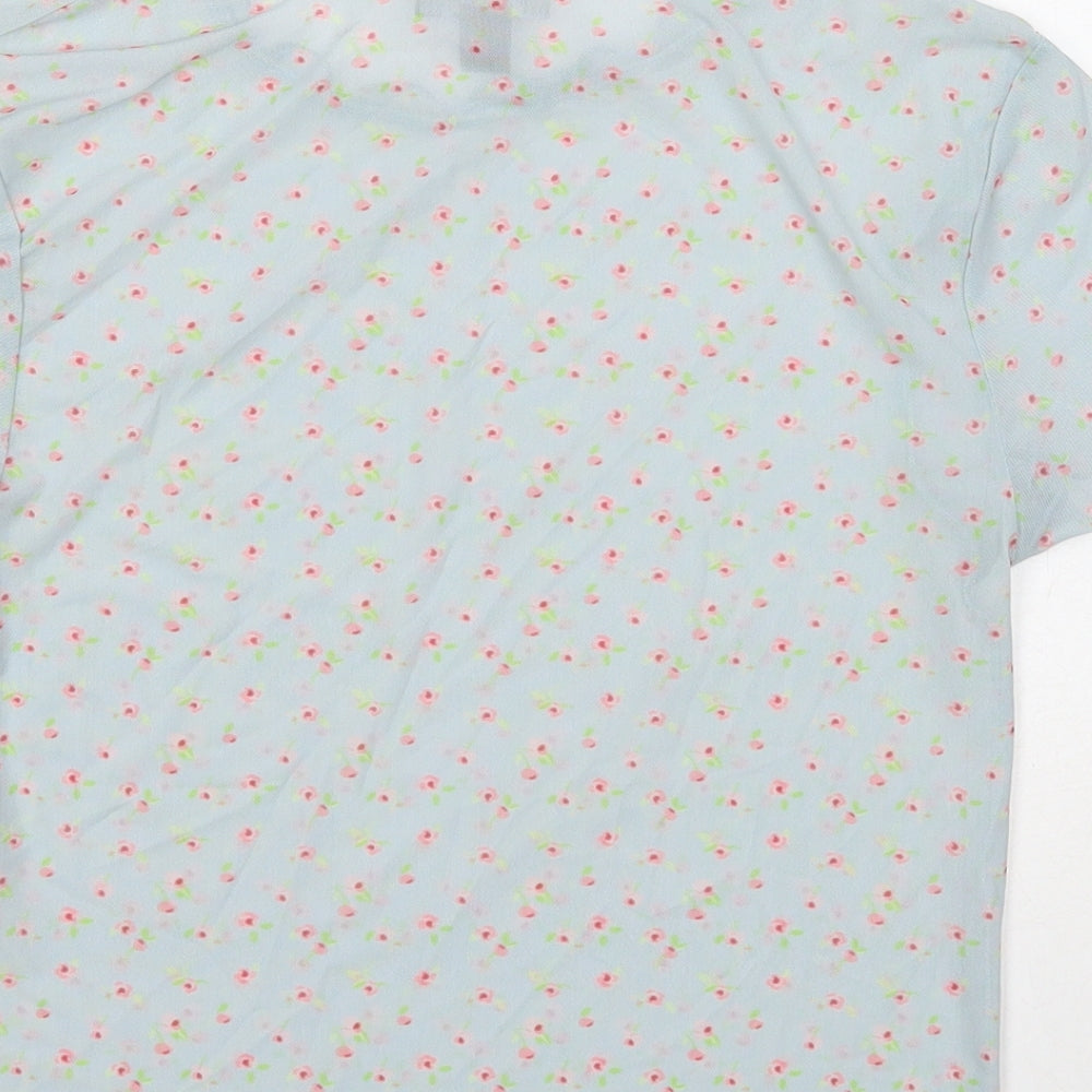 Primark Womens Blue Floral Polyester Basic T-Shirt Size S Mock Neck - Lettuce Edge