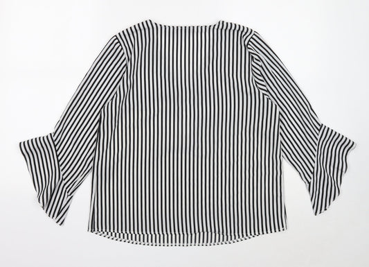 Papaya Womens White Striped Polyester Basic Blouse Size 12 V-Neck - Ruffle Cuff