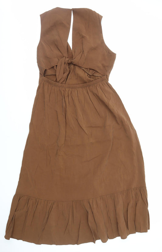 Marks and Spencer Womens Brown Viscose A-Line Size 14 V-Neck Pullover