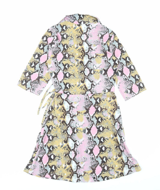 Blue Vanilla Womens Pink Animal Print Viscose Wrap Dress Size 8 Collared Tie - Snake Print