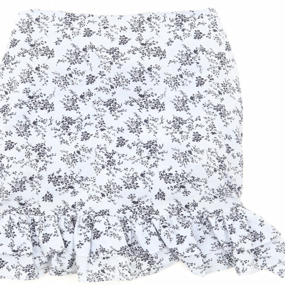 PRETTYLITTLETHING Womens Blue Floral Viscose Trumpet Skirt Size 8 Zip
