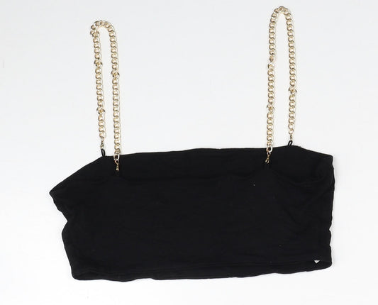 Back view of SheIn women’s black polyester cropped tank, size M, square neck - chain straps