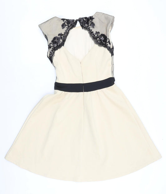 Little Mistress Womens Beige Floral Viscose Fit & Flare Size 10 Boat Neck Zip