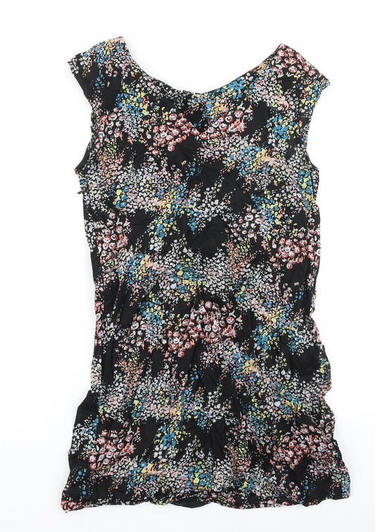 Warehouse Womens Black Floral Viscose A-Line Size 12 Scoop Neck Zip
