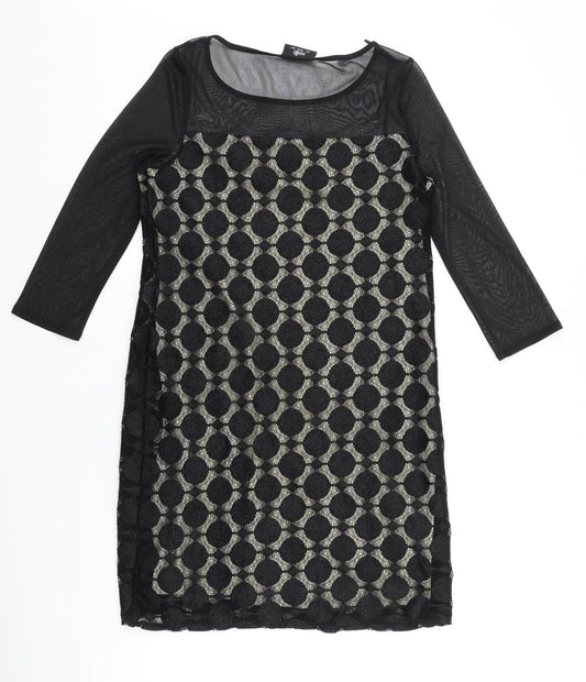 Wallis Womens Black Geometric Polyester Shift Size 8 Scoop Neck Pullover