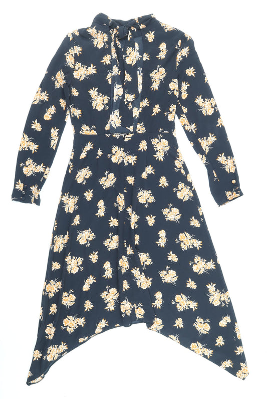 Miss Selfridge Womens Black Geometric Polyester Fit & Flare Size 8 Mock Neck Zip