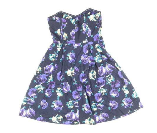 F&F Womens Blue Floral Cotton Fit & Flare Size 8 Off the Shoulder Zip