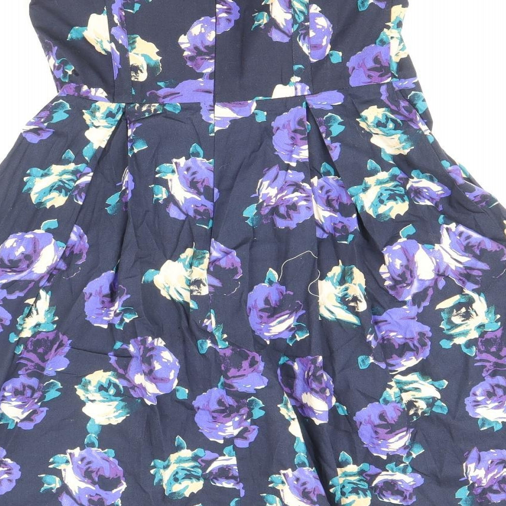 F&F Womens Blue Floral Cotton Fit & Flare Size 8 Off the Shoulder Zip