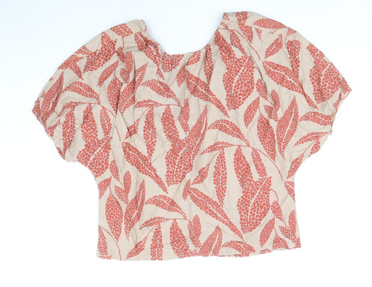 Primark Womens Brown Geometric Viscose Cropped Blouse Size 6 V-Neck - Leaf Print