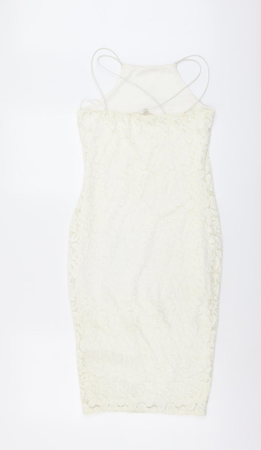 River Island Womens Ivory Floral Polyester Bodycon Size 8 Square Neck Pullover - Cross Strap Detail