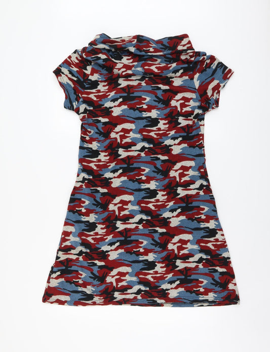 Back view of Tenki women’s multicoloured camouflage acrylic a-line, size XL, roll neck pullover
