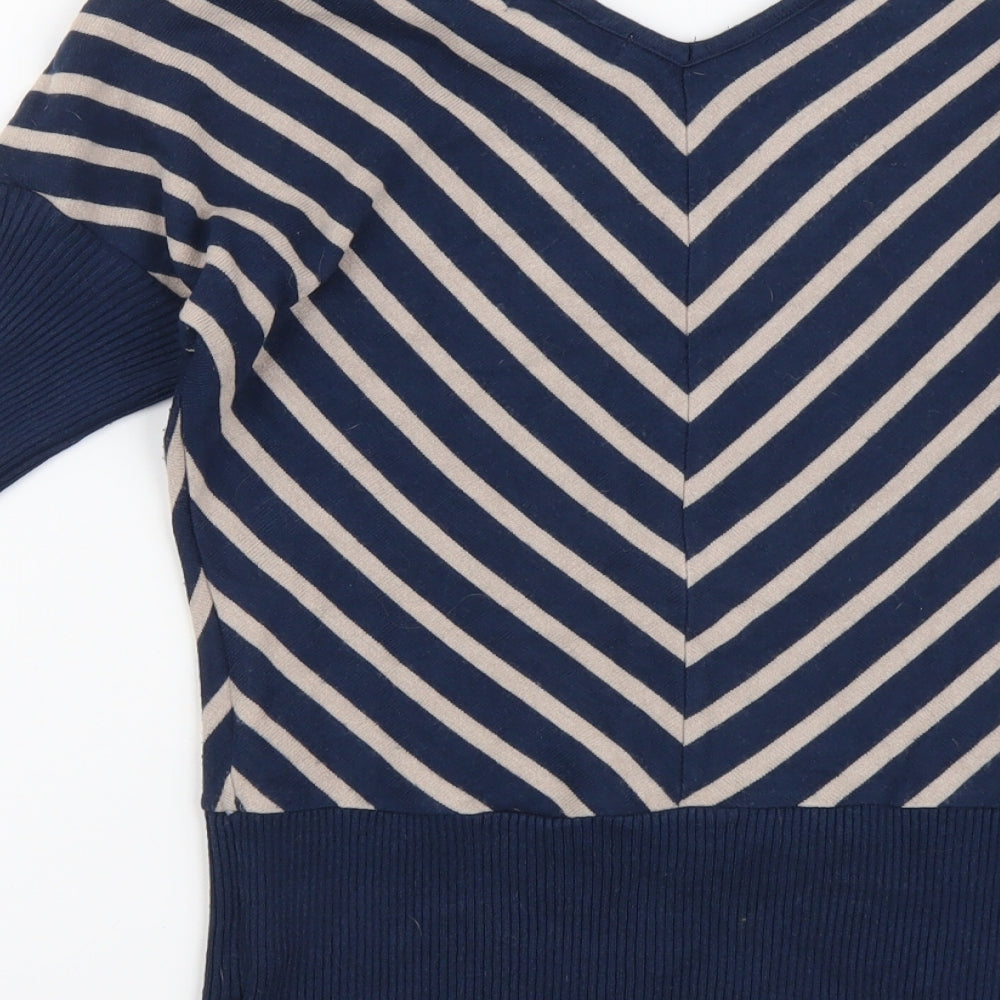 Apricot Womens Blue V-Neck Geometric Viscose Pullover Jumper Size 12