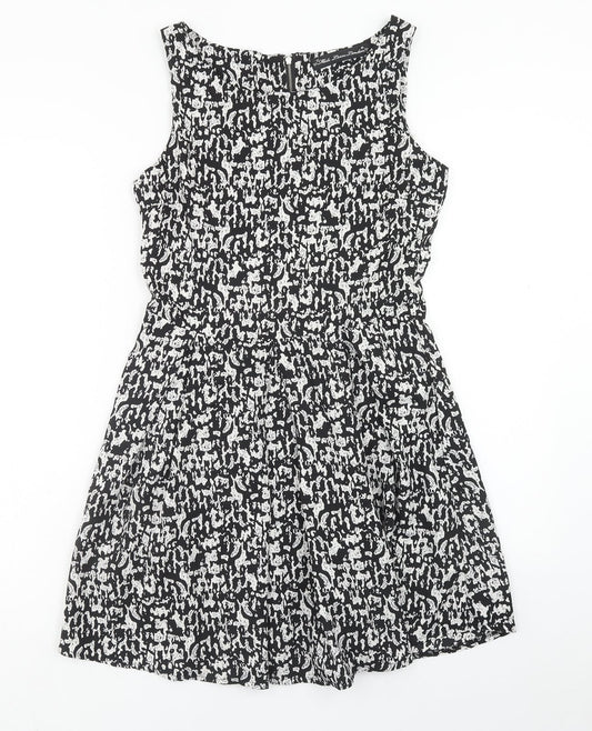 Mela London Womens Black Geometric Polyester A-Line Size 10 Scoop Neck Zip