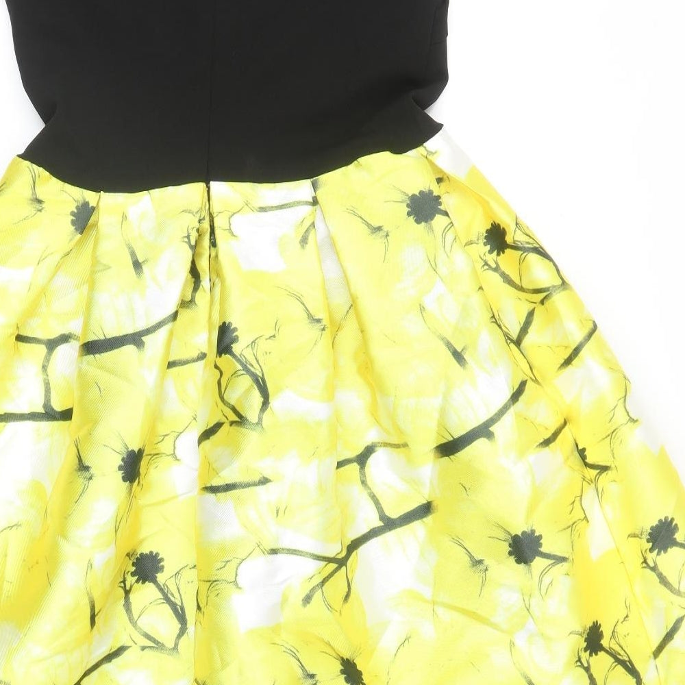 Lucy Wang Womens Yellow Geometric Polyester Skater Dress Size L Round Neck Zip