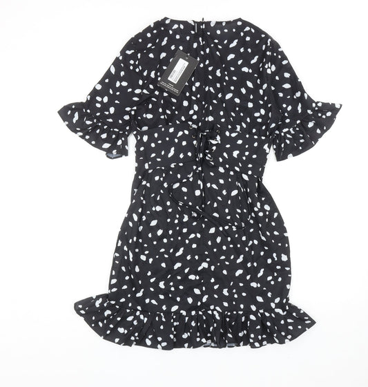 PRETTYLITTLETHING Womens Black Geometric Polyester A-Line Size 10 V-Neck Lace Up