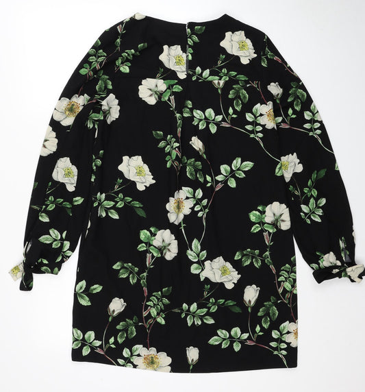 H&M Womens Black Floral Polyester Shift Size 8 Scoop Neck Pullover - Tie Sleeve Detail