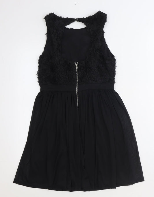 Miss Selfridge Womens Black Floral Polyester Fit & Flare Size 8 Scoop Neck Zip