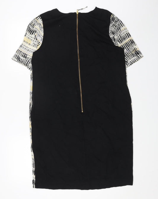 John Lewis Womens Black Geometric Viscose Shift Size 12 Round Neck Zip
