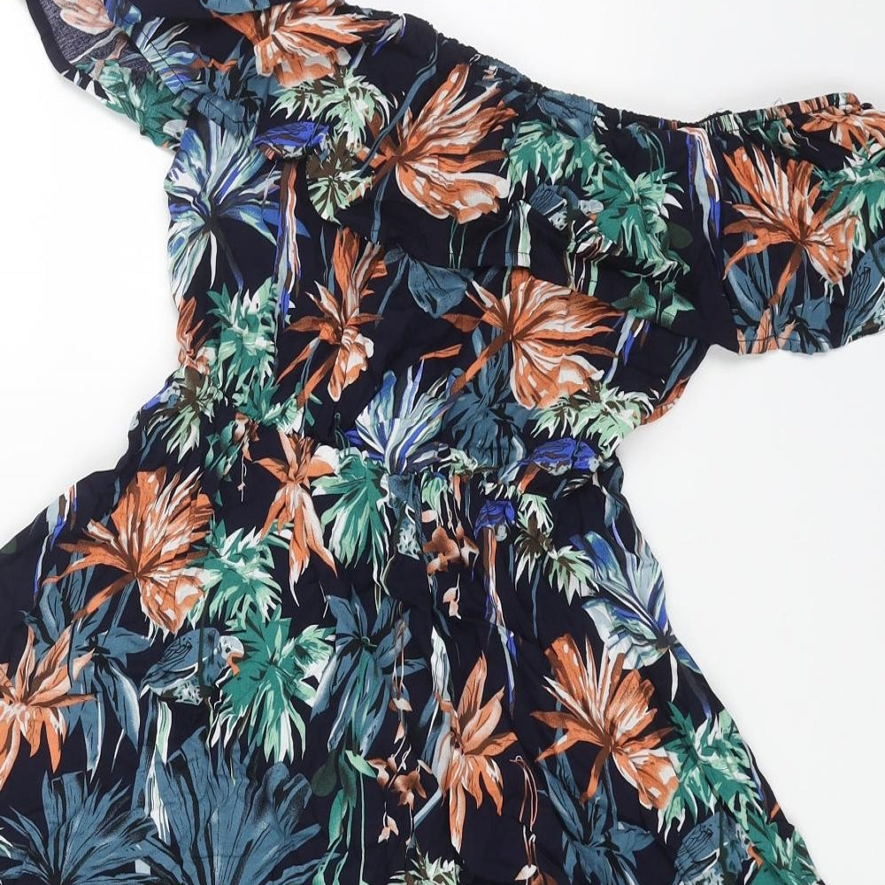 SheIn Womens Blue Floral Viscose Fit & Flare Size XS Off the Shoulder Pullover