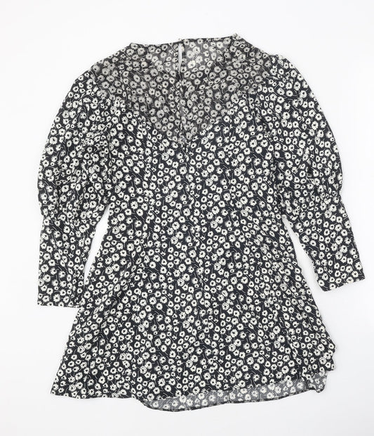 Topshop Womens Black Floral Polyester A-Line Size 10 Round Neck Zip
