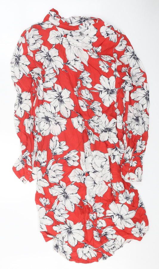 b.young Womens Red Floral Viscose A-Line Size 12 Collared Button