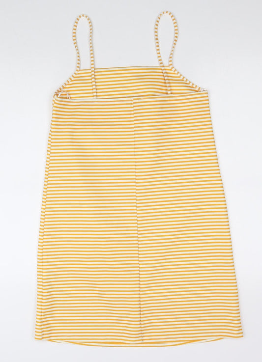 Zara Womens Yellow Striped Polyester Slip Dress Size M Square Neck Pullover