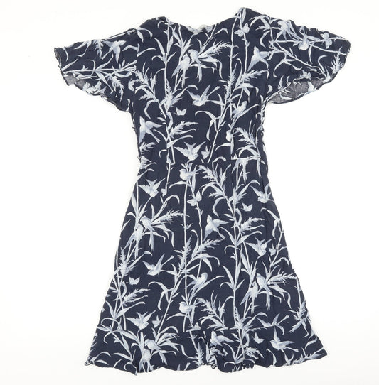 Oasis Womens Blue Geometric Viscose Fit & Flare Size 8 V-Neck Pullover - Bird Pattern