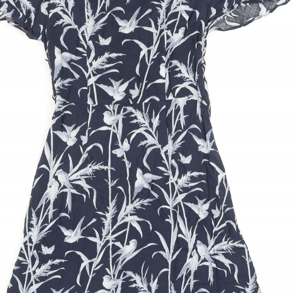 Oasis Womens Blue Geometric Viscose Fit & Flare Size 8 V-Neck Pullover - Bird Pattern