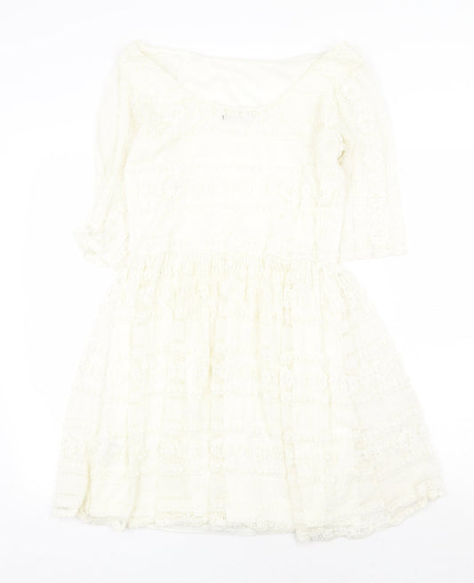 Jane Norman Womens White Geometric Nylon Fit & Flare Size 16 Off the Shoulder Pullover