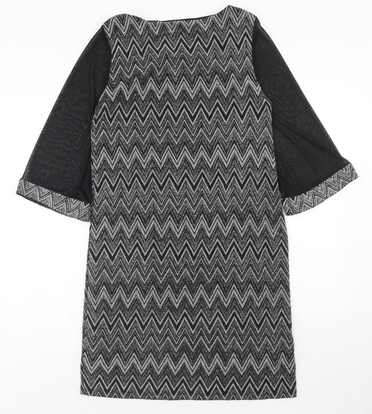 M&Co Womens Black Geometric Nylon Shift Size 14 Round Neck Pullover
