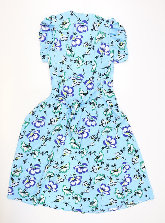 Marks and Spencer Womens Blue Floral Polyester Wrap Dress Size 8 V-Neck Tie