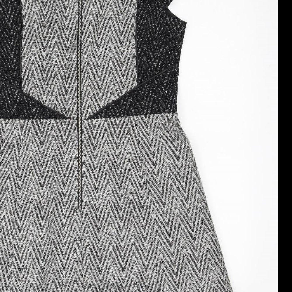 Oasis Womens Grey Geometric Cotton Fit & Flare Size 14 Round Neck Zip