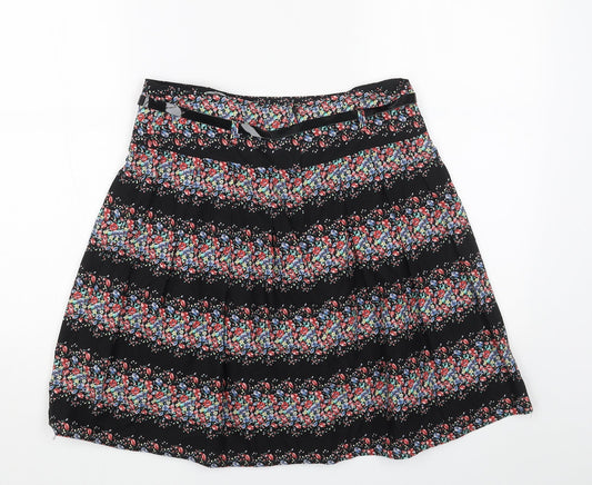 Dorothy Perkins Womens Black Floral Cotton Skater Skirt Size 10 Zip - Belt Inlcuded