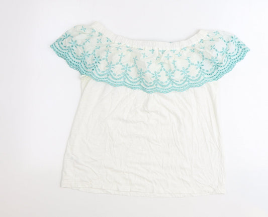 Falmer Heritage Womens White Geometric Cotton Basic Blouse Size 12 Off the Shoulder - Anglaise Detail