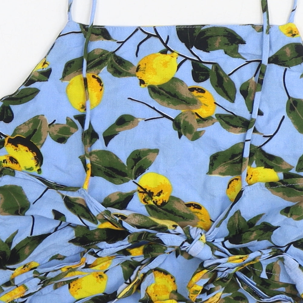 Glamorous Womens Blue Geometric Viscose Cropped Blouse Size M Square Neck