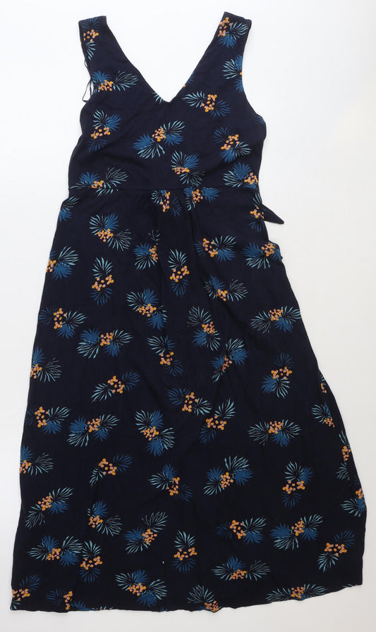 Monsoon Womens Blue Floral Cotton Fit & Flare Size M V-Neck Pullover