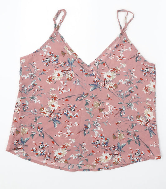 SheIn Womens Pink Floral Polyester Basic Tank Size L V-Neck