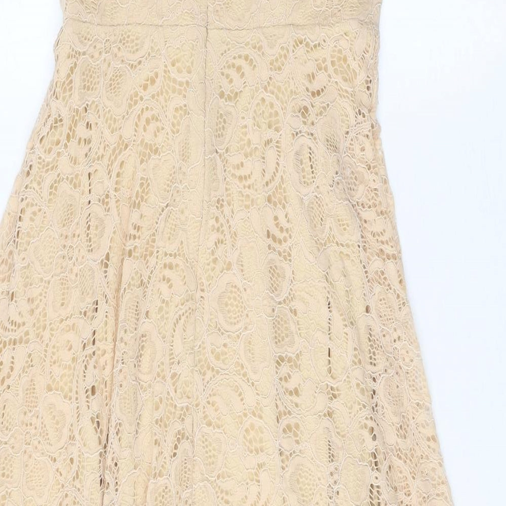 Homrain Womens Beige Floral Nylon Fit & Flare Size S Off the Shoulder Zip