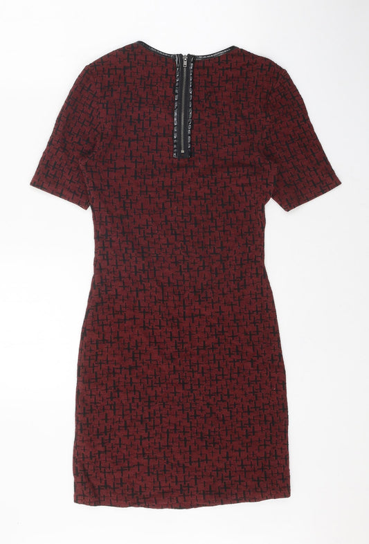 Topshop Womens Red Geometric Cotton Pencil Dress Size 10 Scoop Neck Zip - Cross Print, Leatherette Trim