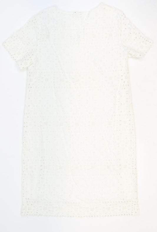 M&Co Womens White Floral 100% Cotton Sheath Size 12 V-Neck Pullover