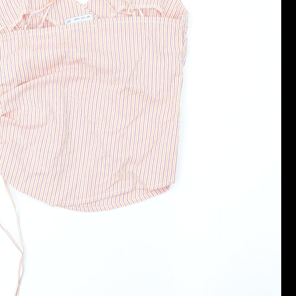 Bershka Womens Orange Striped Cotton Cropped Tank Size S V-Neck